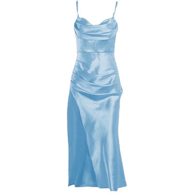 Sleeveless solid satin cowl neck slit backless zip-up cami dress 7