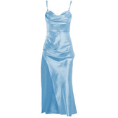 Sleeveless solid satin cowl neck slit backless zip-up cami dress 7