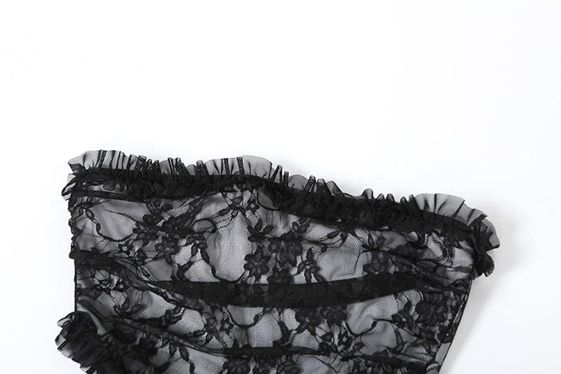 Lace ruffle solid slit hollow out backless tube midi dress 5