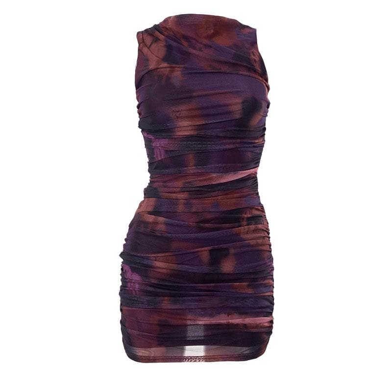 Tie Dye Sleeveless Crew Neck Ruched Mesh Bodycon Mini Dress 2