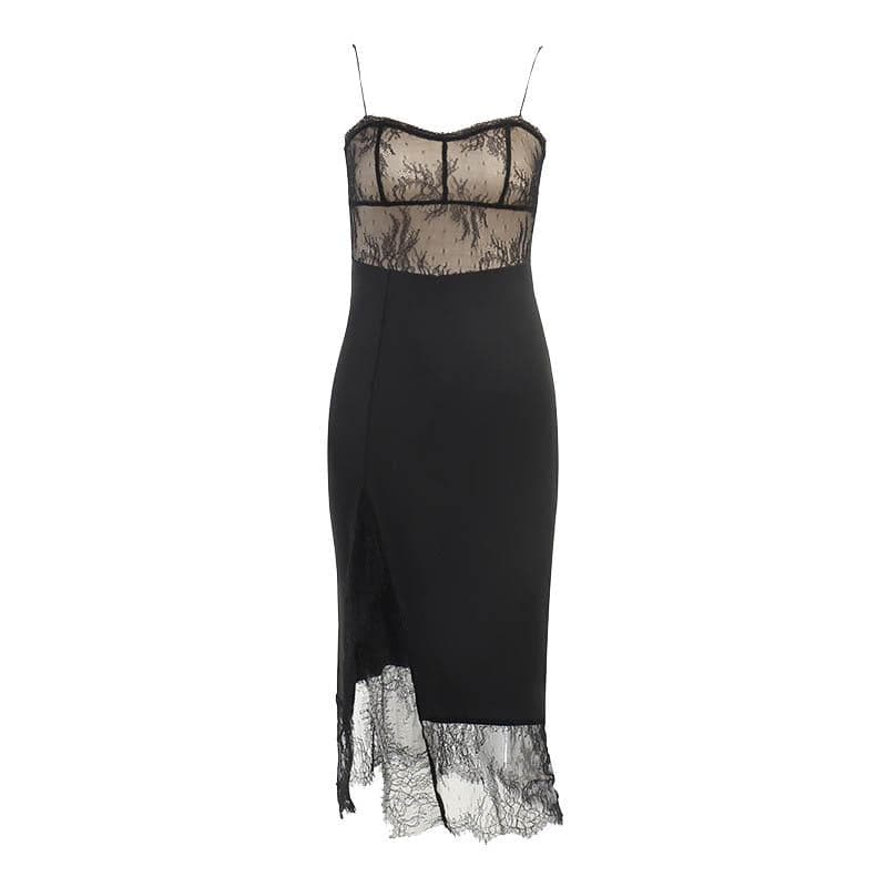 Sheer Lace Bodice Spaghetti Strap Lace Trim Split Hem Midi Dress