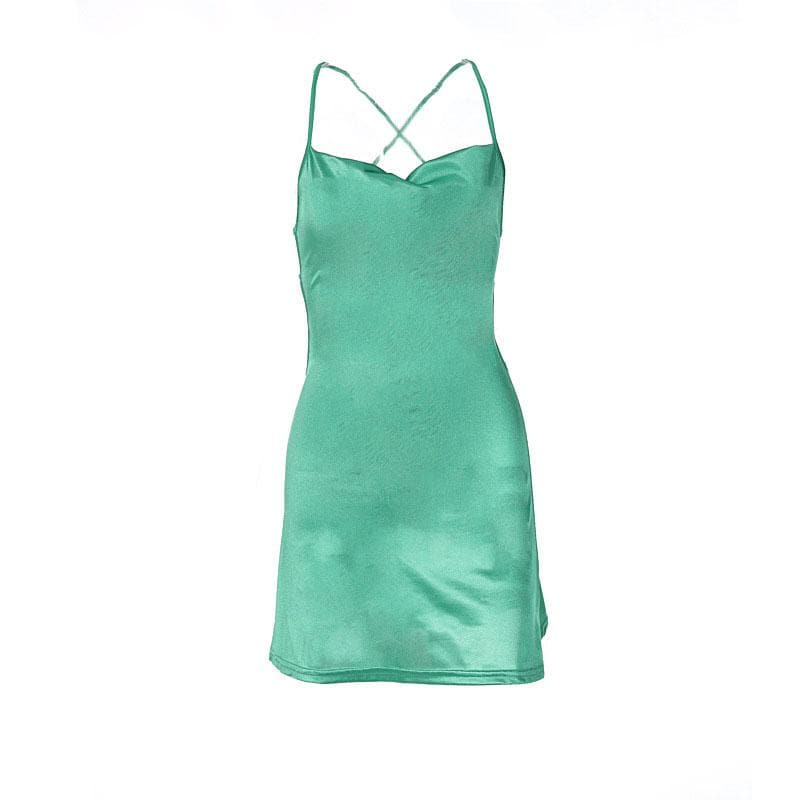 Cross back solid satin cowl neck lace up self tie backless mini dress 8