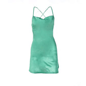 Cross back solid satin cowl neck lace up self tie backless mini dress 8