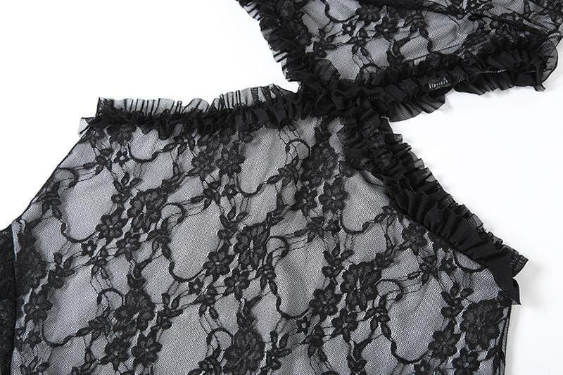 Lace ruffle solid slit hollow out backless tube midi dress 6
