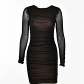 Mesh long sleeve solid ruched crewneck mini dress