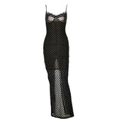 Mesh lace hem zip-up slit solid backless cami midi dress 2