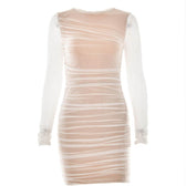 Mesh long sleeve solid ruched crewneck mini dress 2
