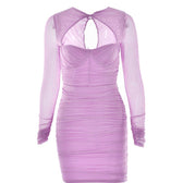 Hollow out ruched mesh long sleeve zip-up button mini dress 2