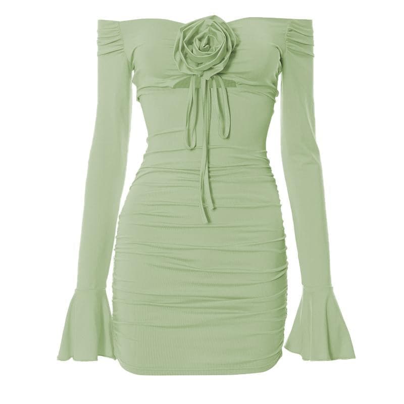 Flower applique hollow out ruched long flared sleeve mini dress