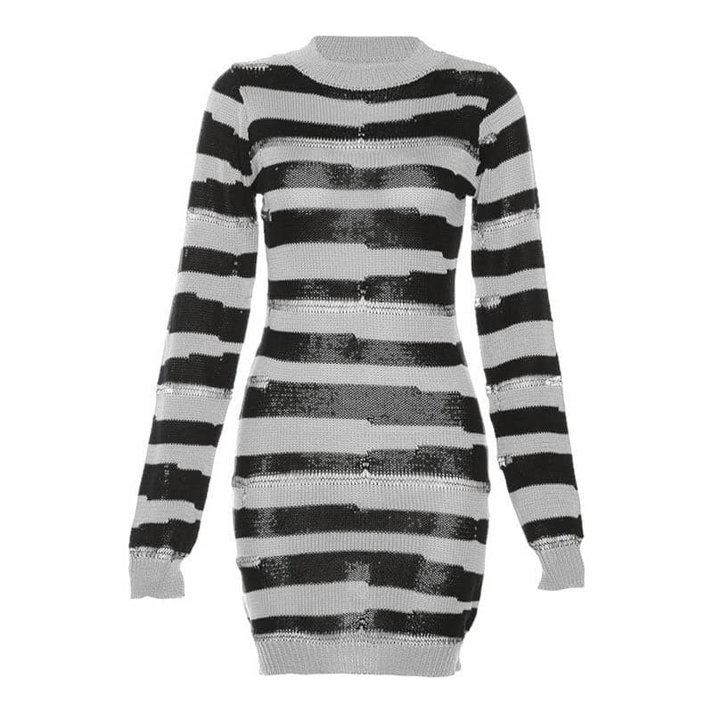 Crochet striped contrast long sleeve crewneck mini dress 9