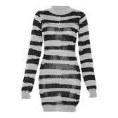 Crochet striped contrast long sleeve crewneck mini dress 9