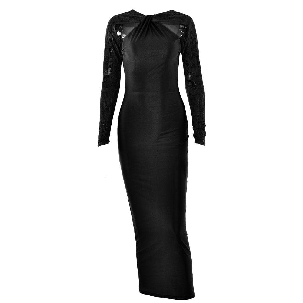 Long sleeve beaded zip-up hollow out patchwork maxi dress 3