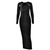 Long sleeve beaded zip-up hollow out patchwork maxi dress 3