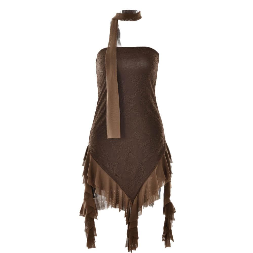Mesh ruffle ribbon irregular solid backless tube mini dress 2