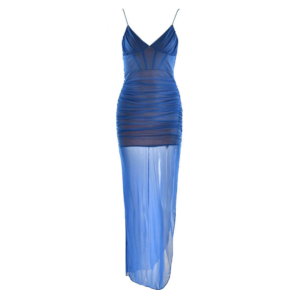 Mesh v neck ruched slit zip-up spaghetti strap maxi dress 2