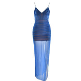 Mesh v neck ruched slit zip-up spaghetti strap maxi dress 2