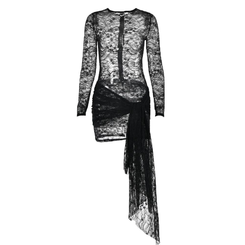 Lace see through long sleeve zip-up self tie ruched mini dress 2