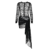 Lace see through long sleeve zip-up self tie ruched mini dress 2