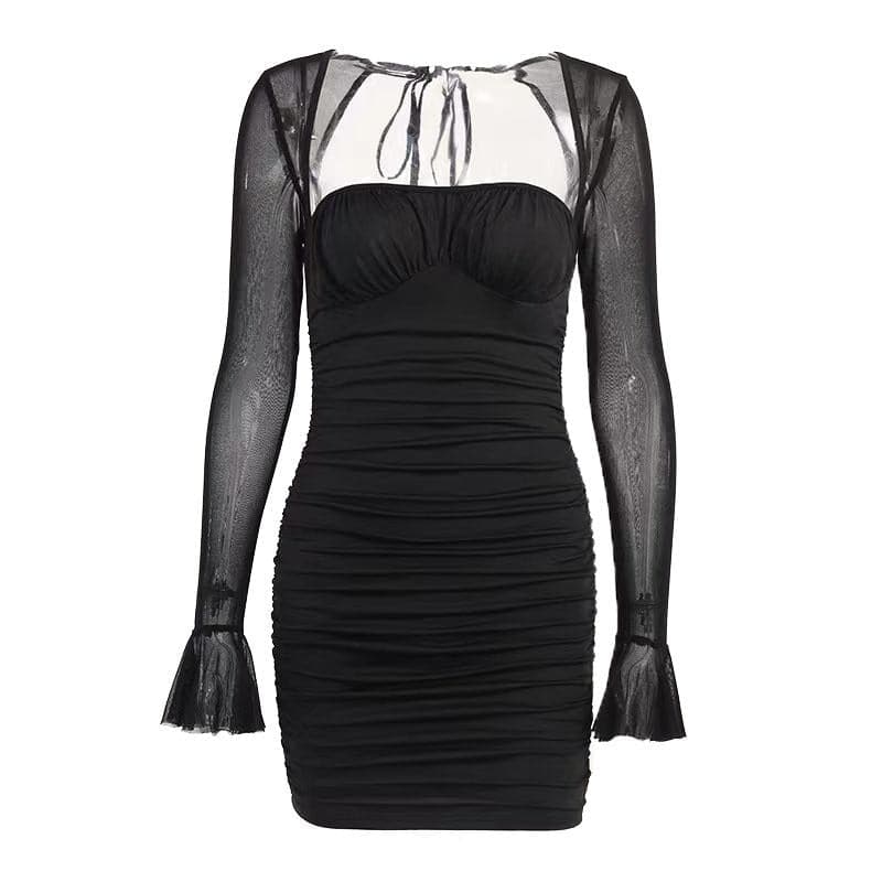 Mesh flared sleeve solid ruched zip-up lace up mini dress 6
