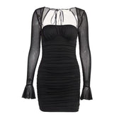Mesh flared sleeve solid ruched zip-up lace up mini dress 6