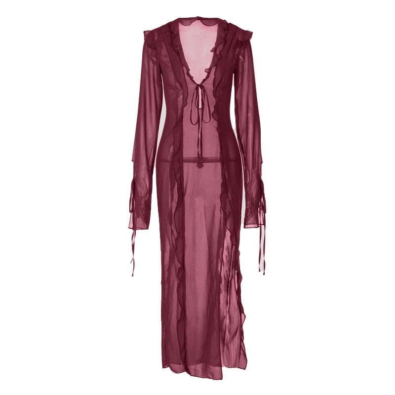 Slit chiffon see through long sleeve v neck self tie maxi dress 4