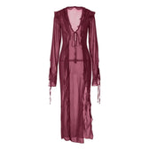 Slit chiffon see through long sleeve v neck self tie maxi dress 4