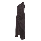 Slit solid satin one shoulder irregular ruched maxi dress 9