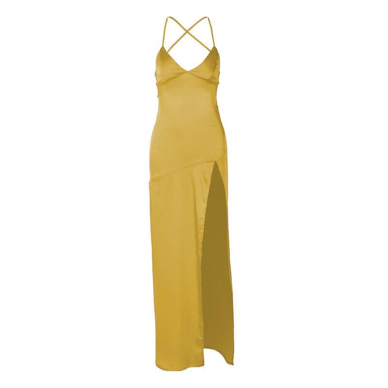 Slit cross back satin backless solid v neck maxi dress 9