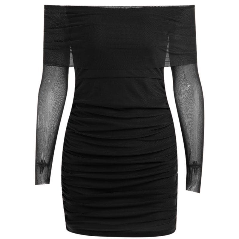 Mesh off shoulder solid long sleeve ruched mini dress 2