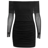 Mesh off shoulder solid long sleeve ruched mini dress 2