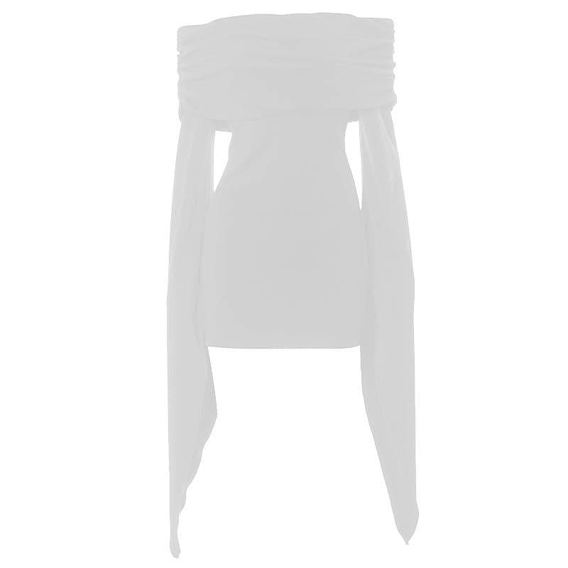 Long flared sleeve solid off shoulder ruched mini dress