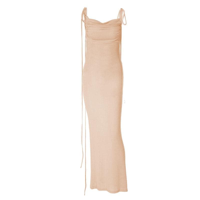Ruched solid lace up backless cowl neck maxi dress 9