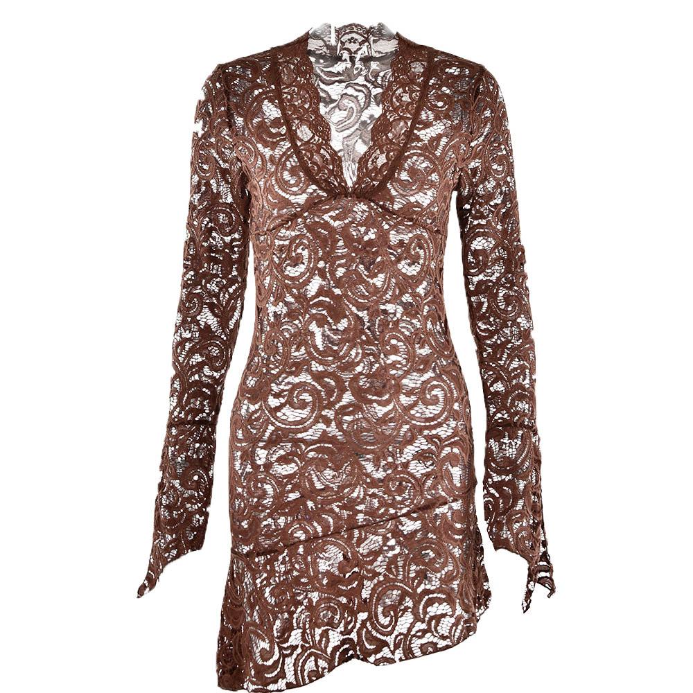 Sheer Lace V-Neck Flared Long Sleeve Asymmetric Hem Mini Dress 7