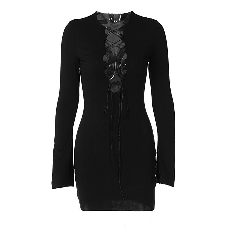 Lace up solid long sleeve ribbed self tie mini dress 2
