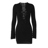 Lace up solid long sleeve ribbed self tie mini dress 2