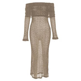 Textured glitter off shoulder long sleeve see through maxi dress 8
