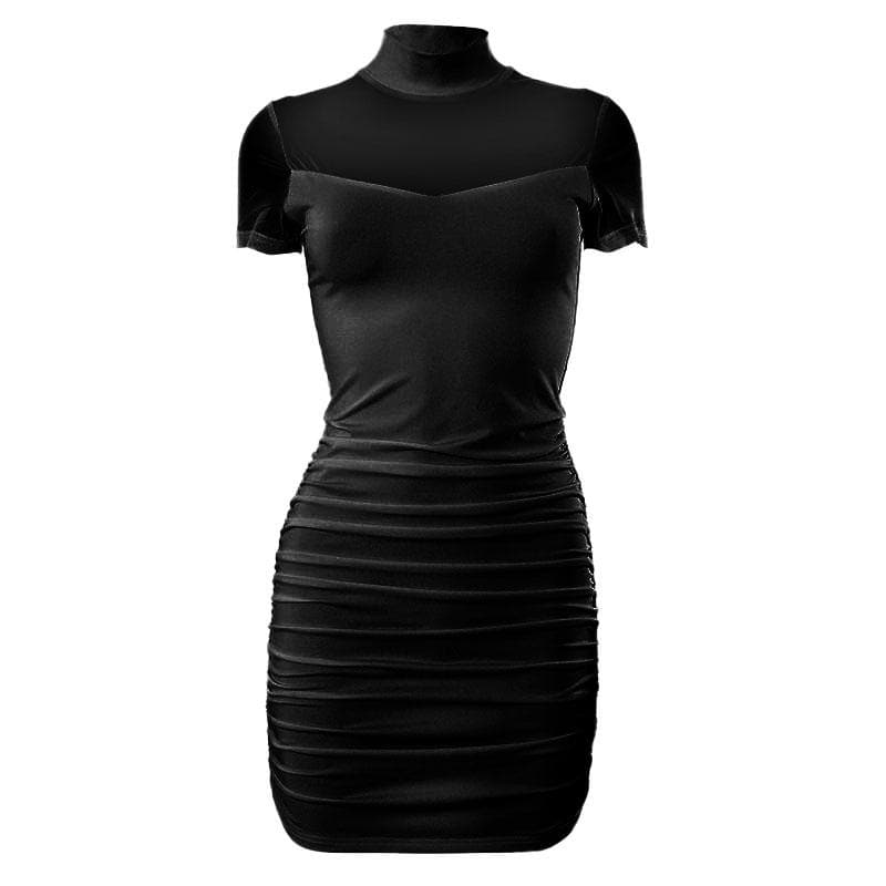 High neck short sleeve mesh patchwork ruched solid mini dress 2
