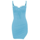 Ruched solid sleeveless lace slit self tie backless mini dress 9
