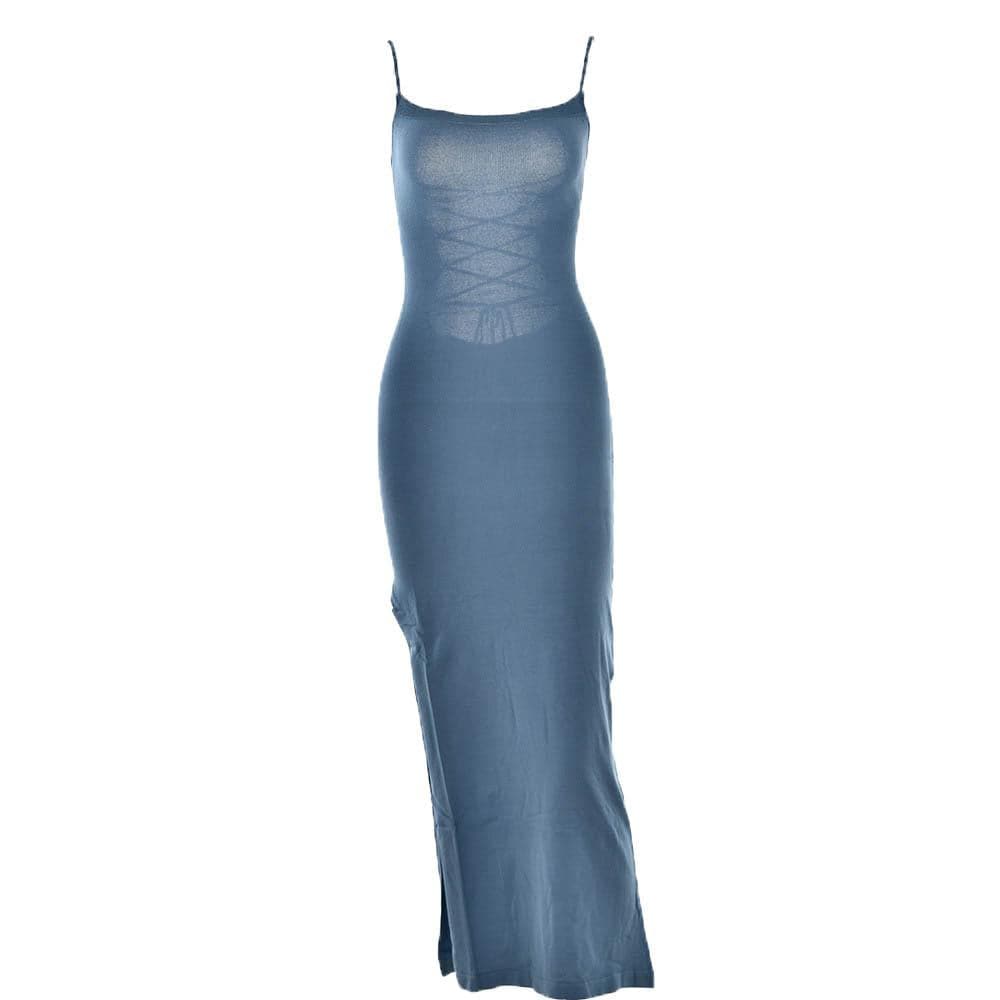 Lace up square neck slit solid backless cami maxi dress 11