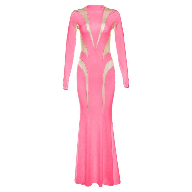 Crewneck long sleeve mesh patchwork maxi dress 2