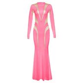 Crewneck long sleeve mesh patchwork maxi dress 2