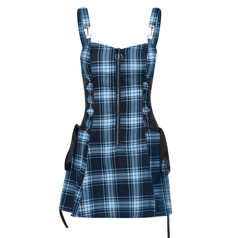 Plaid zip-up contrast sleeveless lace up backless mini dress 12
