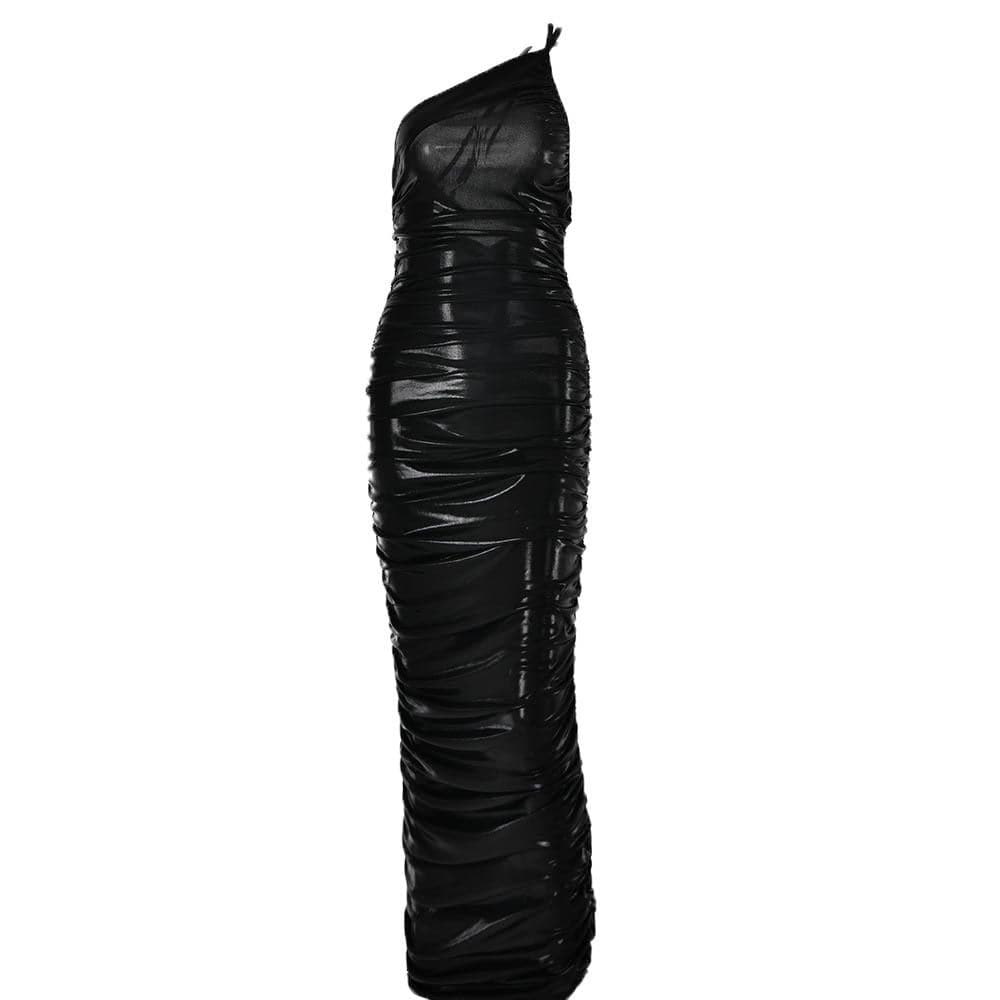 Metallic One Shoulder Sleeveless Ruched Bodycon Maxi Dress 3