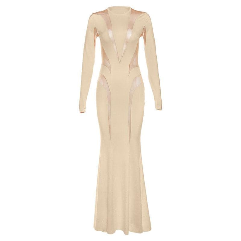Crewneck long sleeve mesh patchwork maxi dress 4