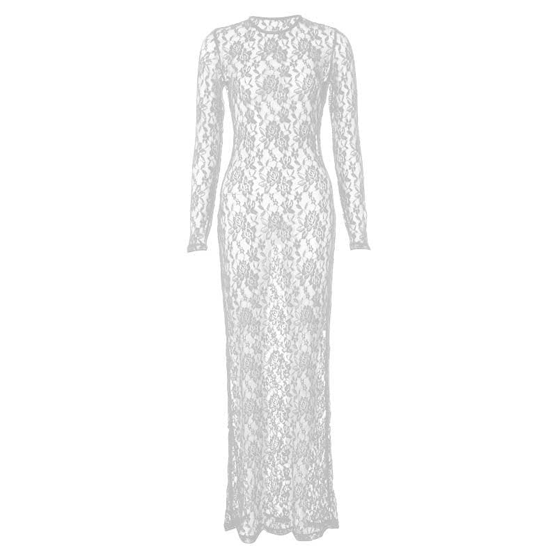 Lace see through long sleeve solid crewneck maxi dress 8