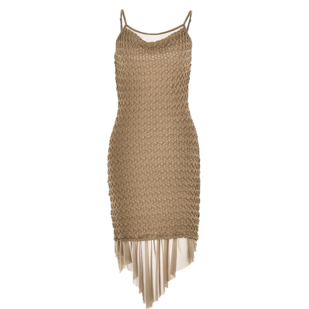 Textured mesh solid ruched irregular cami midi dress 2
