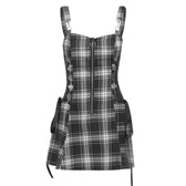Plaid zip-up contrast sleeveless lace up backless mini dress 11