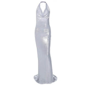 Metallic Cowl Neck Ruched Halter Backless Maxi Dress 10