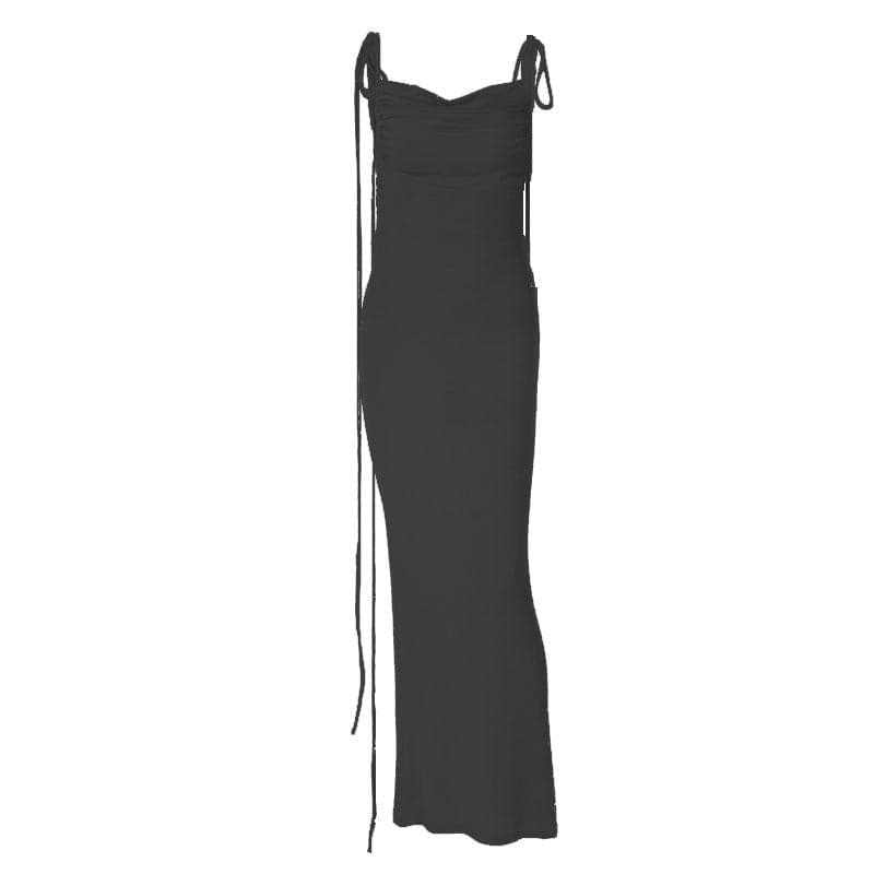 Ruched solid lace up backless cowl neck maxi dress 2