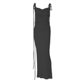 Ruched solid lace up backless cowl neck maxi dress 2